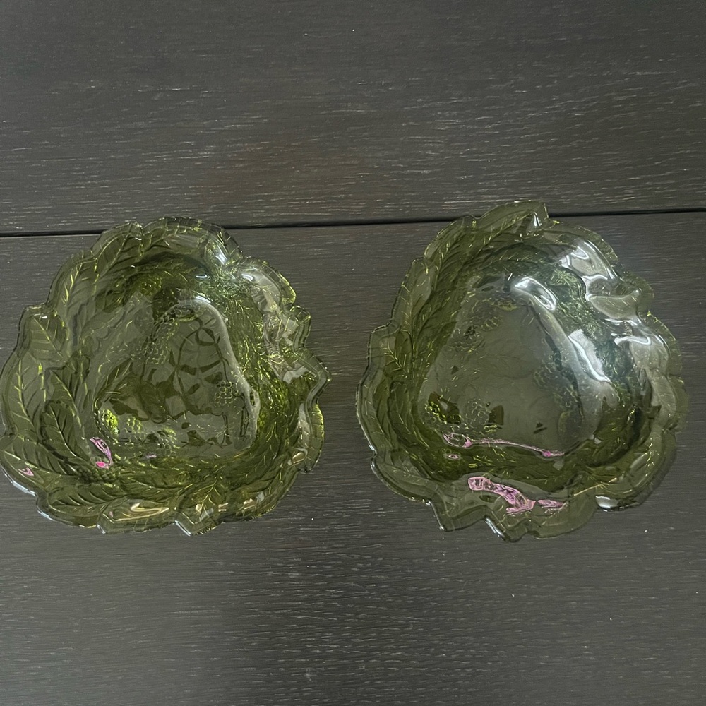 Two Vintage Indiana Glass Loganberry Berry Candy Bowls Green Avocado Color